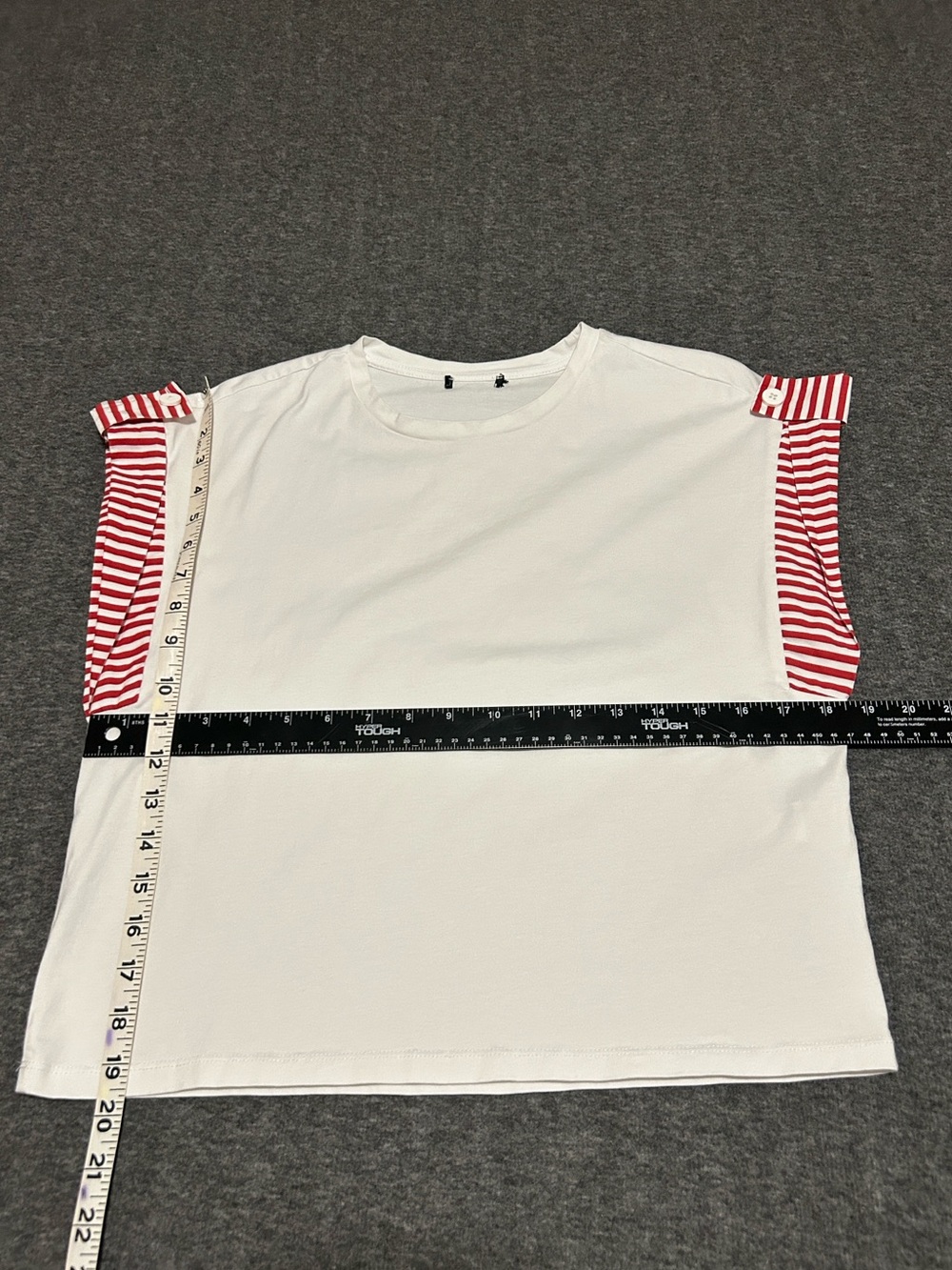 ZARA White Crewneck Tee with Red Striped Cuffed Sleeves Size S - Picture 8 of 8